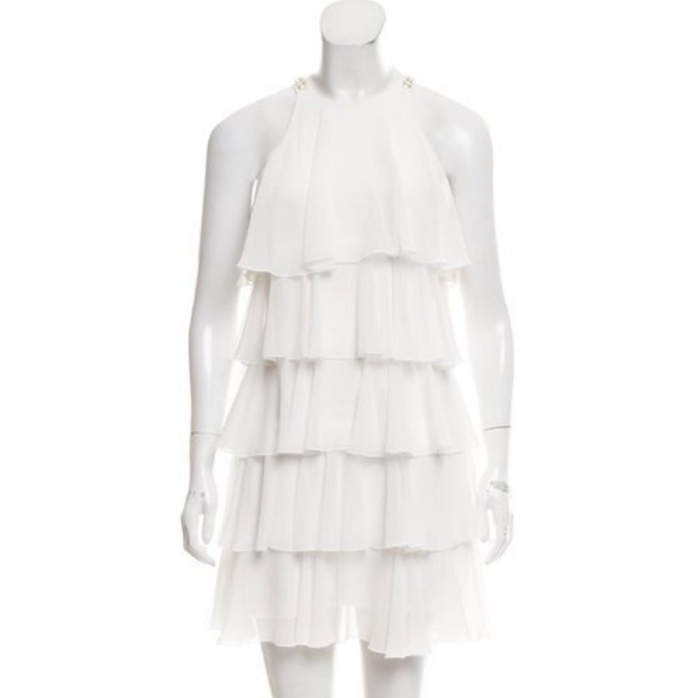 BCBG White Kassidy Tiered Ruffle Flapper Sleeveless Dress S